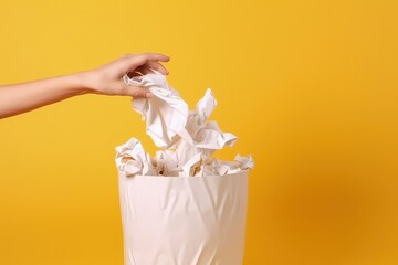 Hand throwing crumpled paper into recycle bin, yellow background, digital illustration. Generative AI