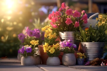 garden with lots of colorful flowers in pots, generative AI