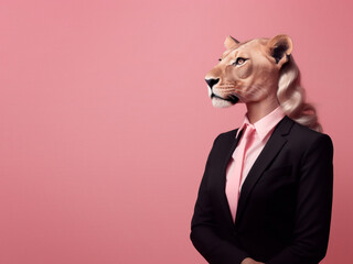 a very elegant anthropomorphic lioness with long wavy hair with a very realistic black suit and pink tie, on a pink background, businesswoman and executive, copy space, in carnival day, Generative AI - obrazy, fototapety, plakaty