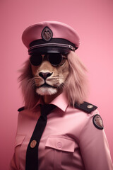 An anthropomorphic lioness in a pink police uniform, a bold representation of female authority that inspires equality and empowerment of women,Generaive AI