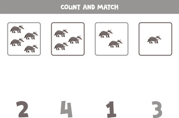 Fototapeta na wymiar Counting game for kids. Count all badgers and match with numbers. Worksheet for children.