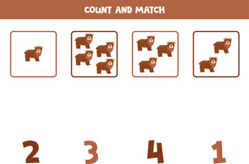 Counting game for kids. Count all bears and match with numbers. Worksheet for children.