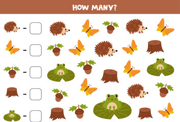 Counting game with cartoon woodland fauna. Math worksheet. © Milya Shaykh