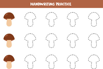 Tracing lines for kids. Cartoon mushroom. Writing practice.