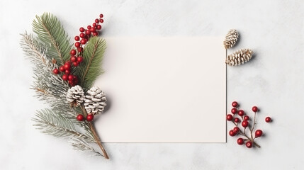 Fototapeta na wymiar Christmas composition. Blank greeting card, envelope mock-up scene. Decorative corner. Pine cones, fir tree branches, red rowan berries and wooden stars. Flat lay, top view. Generative AI
