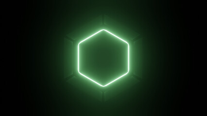 green illuminate hexagon frame design. Abstract cosmic vibrant color geometric backdrop. glowing neon lighting on dark background with copy space. Top view. light reflecting on polygons basic geometry