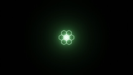 Green white, illuminate hexagon frame design. Abstract cosmic vibrant color geometric backdrop.glowing neon lighting on dark background with copy space. Top view. Neon flower hexagon flower