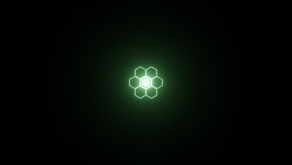 Green white, illuminate hexagon frame design. Abstract cosmic vibrant color geometric backdrop.glowing neon lighting on dark background with copy space. Top view. Neon flower hexagon flower