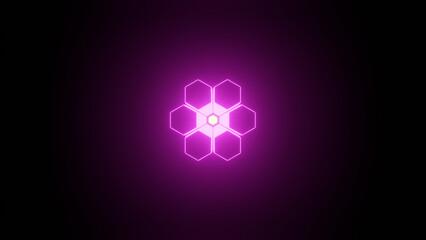 pink yellow, illuminate hexagon frame design. Abstract cosmic vibrant color geometric backdrop.glowing neon lighting on dark background with copy space. Top view. Neon flower hexagon flower
