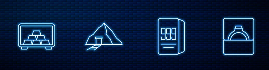 Set line Gold bars 24k, Safe with gold, mine and Diamond engagement ring box. Glowing neon icon on brick wall. Vector