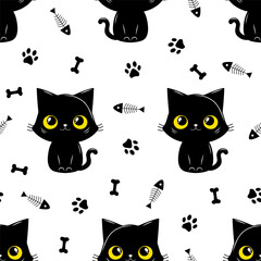 Seamless pattern of a cute black cats, bone and animal's paws. Vector illustration on a white background. Scandinavian cartoon style flat design. Concept for children print.