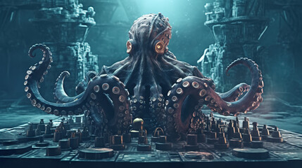 A giant octopus sitting on top of a chess board. Generative AI. - obrazy, fototapety, plakaty