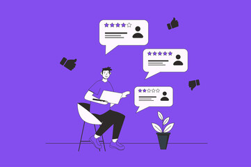 Feedback web concept with character scene in flat design. People leaving positive or negative customer comments with different experience. Illustration for social media marketing material.