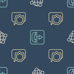 Set line Global technology, Speech bubble chat and Outgoing call phone on seamless pattern. Vector