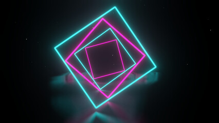 Futuristic Sci-Fi Modern cubes Reflective With Glowing Neon Shape Empty Space Wallpaper Background 3D Rendering Illustration. neon spectrum. Motion graphic rotating cubes