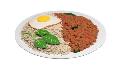 Pad Kra Pao food. Thai famous food, the stir-fried minced pork, garlic, basil and chili topped with fried egg. Used in menu for restaurant. 3d rendering