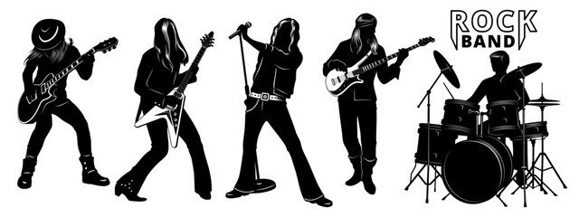Rock Band Silhouettes. Vocalist, two electric guitars, bass guitar and drummer. Vector cliparts isolated on white.