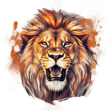A drawing of a lion"s face on a white background. Generative AI.