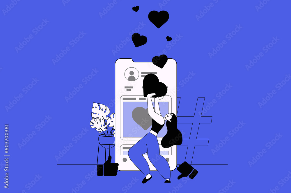 Leinwandbilder social media platform web concept with character scene in flat design. people likes post using mobil