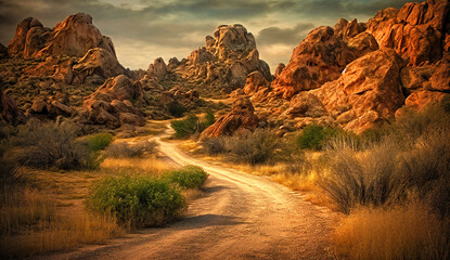 a dirt road runs through an area where large rock formations are visible