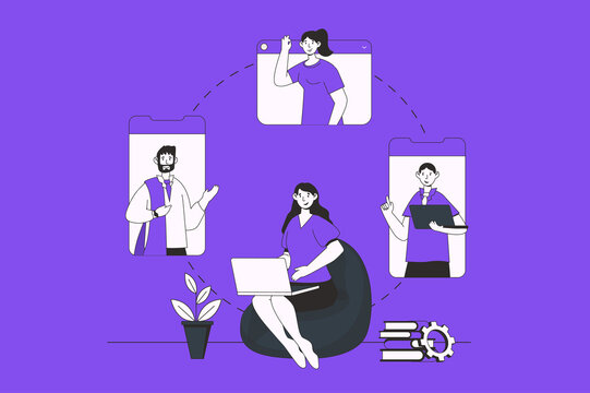Remote team web concept with character scene in flat design. People discussing tasks, talking in group video call programm, working together. Illustration for social media marketing material.