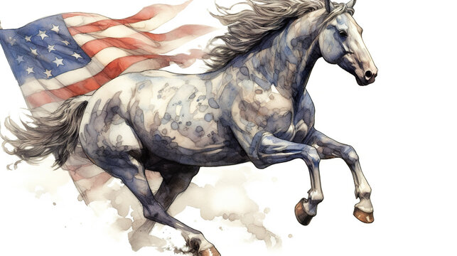 A painting of a horse with an american flag on it"s back. Generative AI.