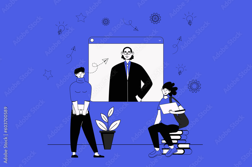 Poster video lesson web concept with character scene in flat design. people learning online and listening t