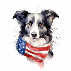 Watercolour patriotic border collie dog  made with generative AI. Independence Day in America.