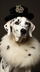 A dalmatian dog wearing a black hat and fur. Generative AI.