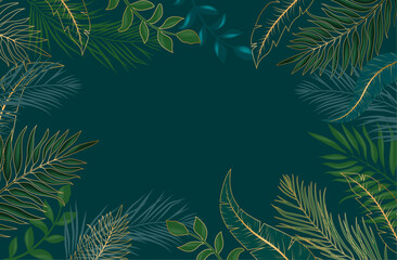 Fototapeta na wymiar tropical banner vector on dark green background. card with green and gold tropical leaves