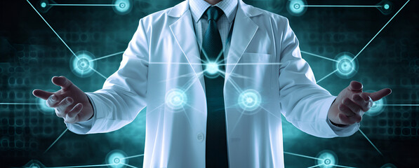 Man doctor in white coat, hands hovering over a symbol design, data visualization, banner with blue green background.