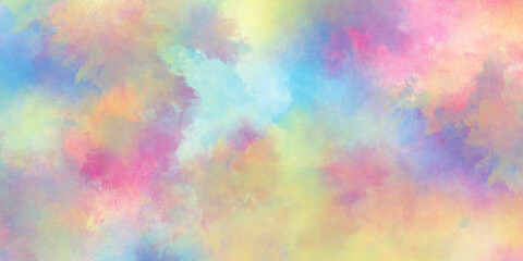 Abstract multicolored brush painted watercolor background with watercolor stains, painted colorful Rainbow watercolor background, Bright multicolor background with pink and blue and yellow colors.