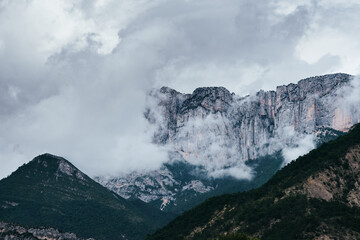Cliffs of the Vercors Mountain range on a cloudy day near Chatillon en Diois in the south of France...
