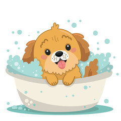 Illustration of a happy puppy being bathed in a bathtub. Vector illustration.