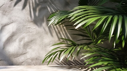 An illustration of a concrete texture wall with tropical palm tree leaves shadows. A.I. generated.