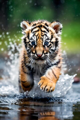 Fototapeta na wymiar Cute baby tiger running through the water in wilderness. Created with Generative AI technology.