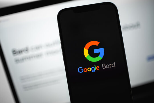 Google Bard (AI ChatBot) logo on a screen smartphone iPhone. Bard is a conversational generative artificial intelligence chatbot developed by Google. Batumi, Georgia - April 26, 2023