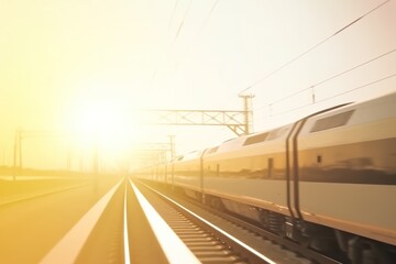 Fototapeta na wymiar high speed train leaves train station at sunset, modern train enjoy smooth journey on the rail line