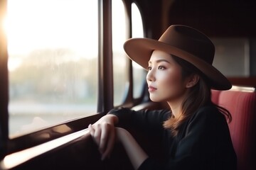 woman travel by train Sitting in next to a big window, views of the beautiful nature passing by