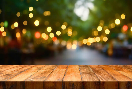 Empty wood table and bokeh light background. product display template
