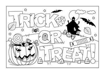 Halloween coloring page, poster, sign or banner. "Trick or treat!"
