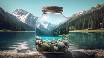 A glass jar full of clear water with rocks with montains in the background made with Ai generative technology