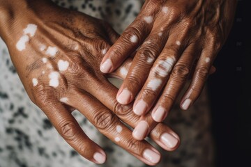 Hands of an african woman with vitiligo skin condition. AI generative - 603703396