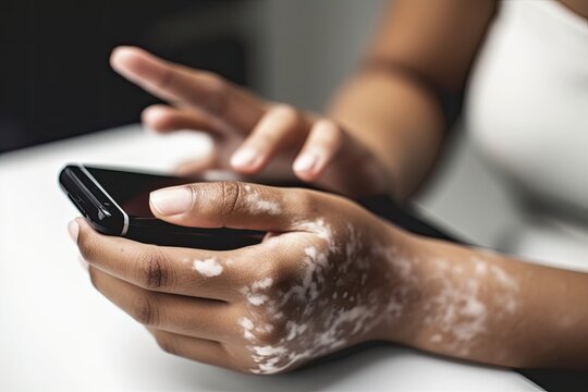 Woman with vitiligo using a mobile phone. AI generative