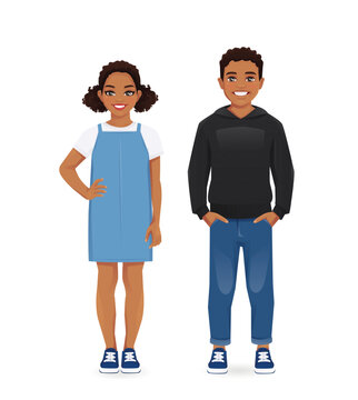Young people in casual clothes. Smiling African teenage boy and girl standing isolated vector illustration