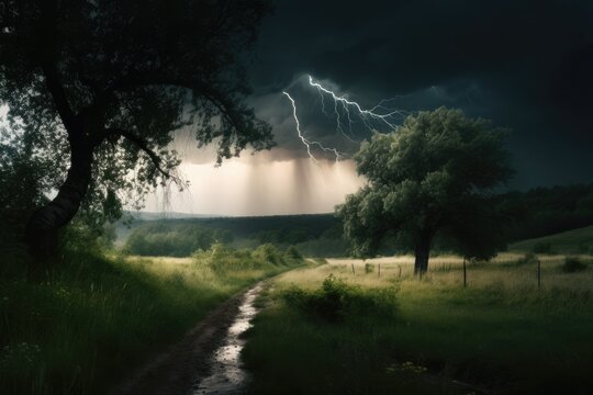 Nature's Fury: Dramatic Image of a Thunderstorm Unleashing its Power in a Serene Rural Landscape