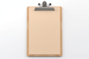 Real photo, wooden clipboard with blank a4 paper mockup template, isolated on light grey background.