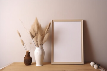 Empty wooden picture frame mockup hanging on beige wall background. Boho shaped vase, dry flowers on table. Cup of coffee, old books. Working space, home office.