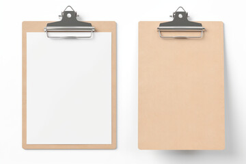 Real photo, wooden clipboard with blank a4 paper mockup template, isolated on light grey background.