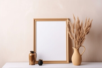 Empty wooden picture frame mockup hanging on beige wall background. Boho shaped vase, dry flowers on table. Cup of coffee, old books. Working space, home office.
